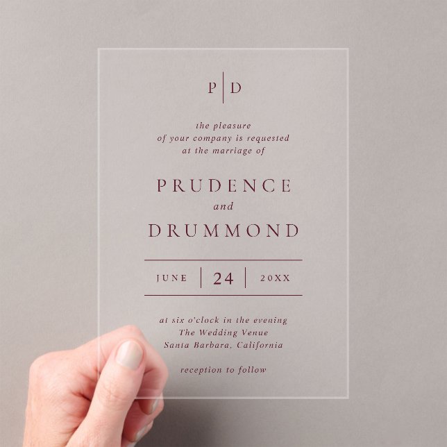 Elegant Deep Burgundy Classic Wedding Acrylic Invitations (Insitu (Handheld))