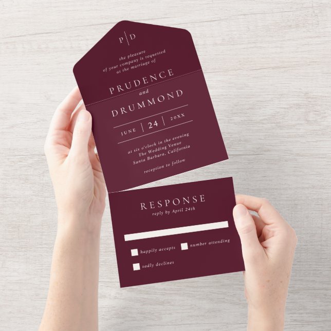 Elegant Deep Burgundy Classic Wedding All In One Invitation (Tearaway)