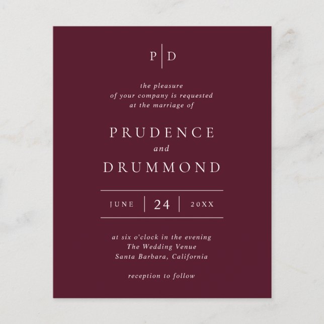 Elegant Deep Burgundy Classic Wedding Invitation Flyer (Front)