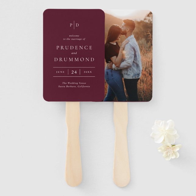 Elegant Deep Burgundy Classic Wedding Program Hand Fan (Front and Back)