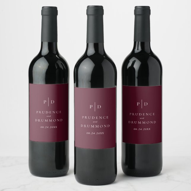 Elegant Deep Burgundy Classic Wedding Wine Label (Bottles)