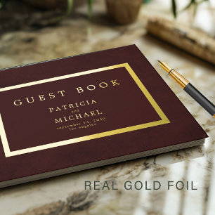 Elegant deep burgundy gold foil typography wedding guest book