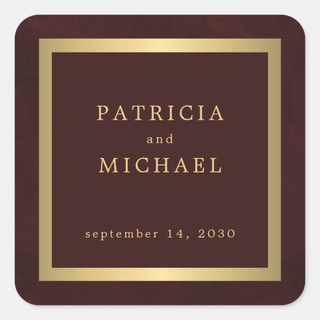 Elegant deep burgundy gold personalized wedding  square sticker (Front)