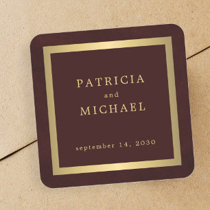 Elegant deep burgundy gold personalized wedding  square sticker