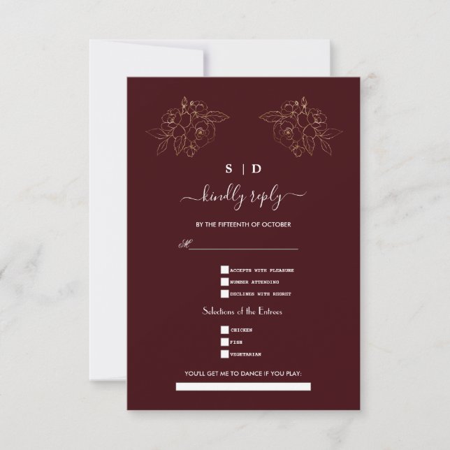 Elegant Deep Burgundy Gold Song Request Wedding  RSVP Card (Front)