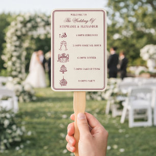 Elegant Deep Burgundy & Ivory Wedding Program  Hand Fan