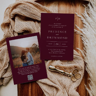 Elegant Deep Burgundy QR Code Classic Wedding Invitation