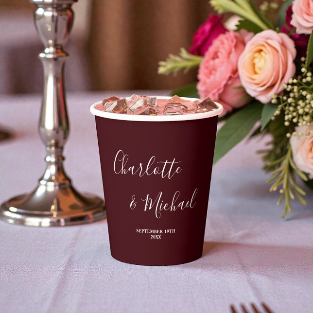 Elegant Deep Burgundy Script Minimalist Wedding Paper Cups (Creator Uploaded)
