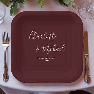 Elegant Deep Burgundy Script Minimalist Wedding Paper Plate