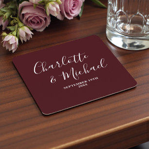 Elegant Deep Burgundy Script Minimalist Wedding Square Paper Coaster