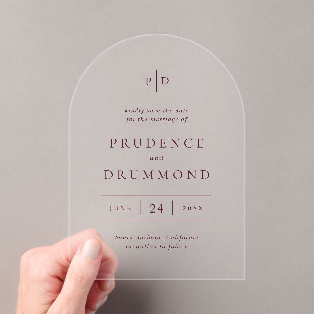 Elegant Deep Burgundy Wedding Save the Date Acrylic Invitations (Insitu (Handheld))