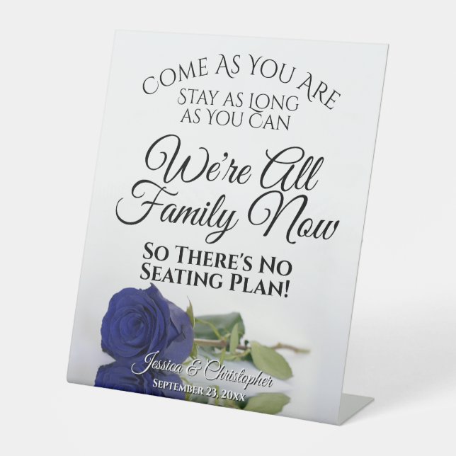 Elegant Deep Navy Blue Rose Open Seating Wedding Pedestal Sign (Front)