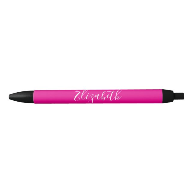 Elegant Deep Pink and White Script Text Name Black Ink Pen (Front)