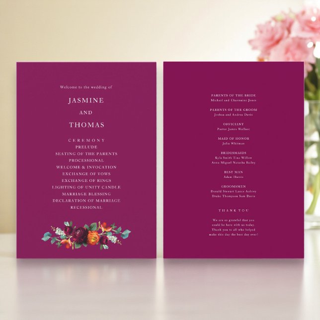 Elegant Deep Pink Floral Wedding Program (Creator Uploaded)