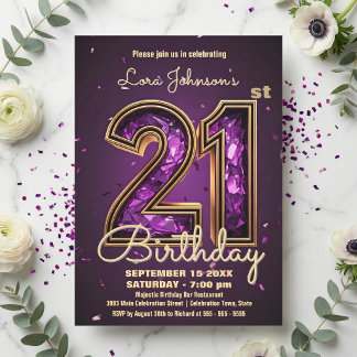 Elegant Deep Purple Gemstone Gold 21st Birthday Invitation