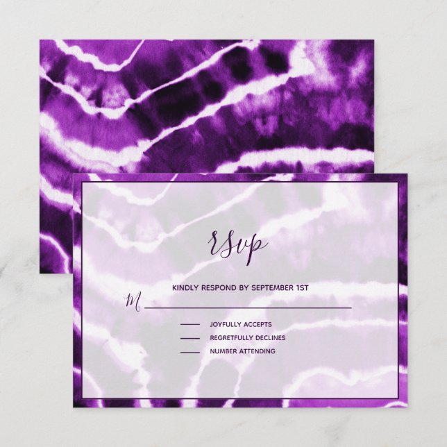 Elegant Deep Purple Marble Batik Wedding RSVP Card (Front/Back)