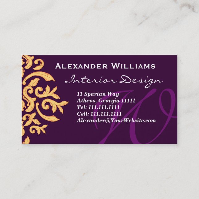 Elegant Deep Purple Monogram W Customizable Business Card (Front)