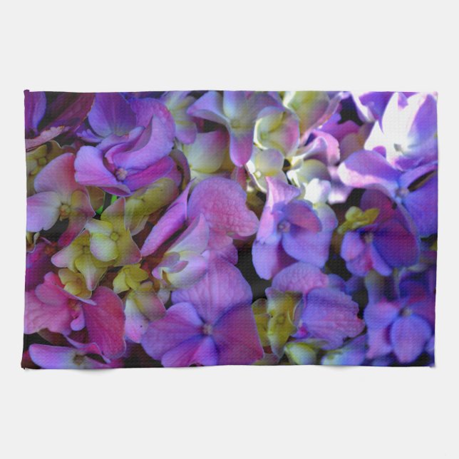 Elegant deep purple pink magenta floral hydrangeas kitchen towel (Horizontal)