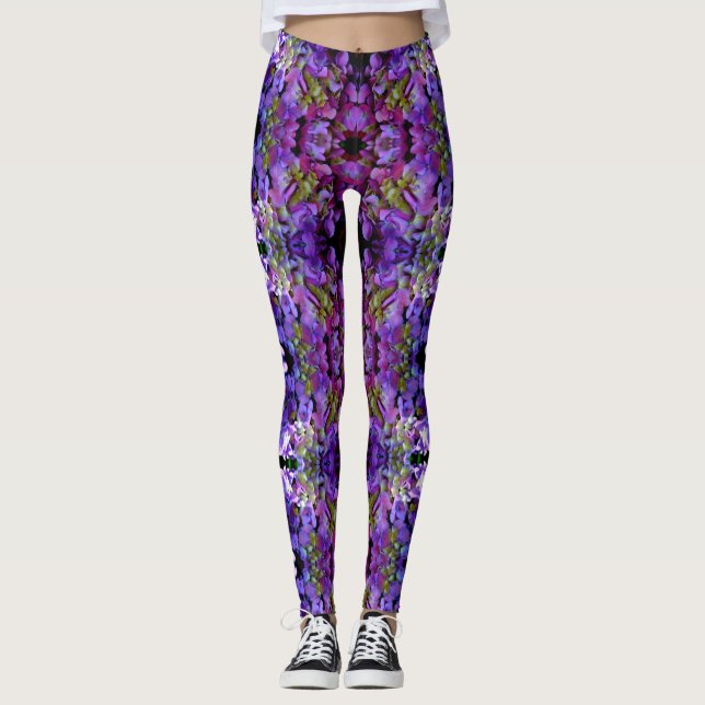 Elegant deep purple pink magenta floral hydrangeas leggings (Front)