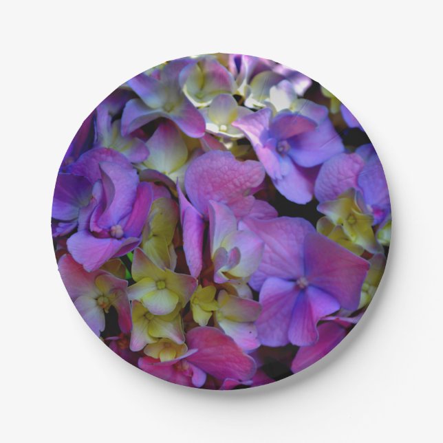Elegant deep purple pink magenta floral hydrangeas paper plate (Front)
