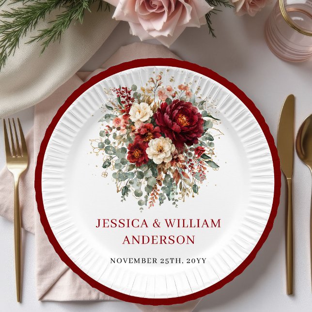 Elegant Deep Red Autumn Wedding Paper Plates (Elegant Deep Red Autumn Wedding Paper Plates

)