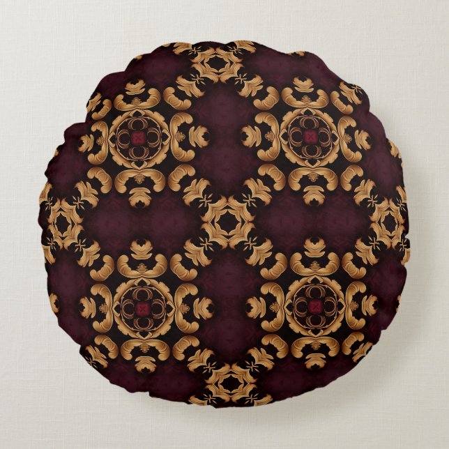 Elegant deep red gold arabesque pattern round pillow (Front)