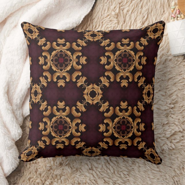 Elegant deep red gold arabesque pattern throw pillow (Blanket)
