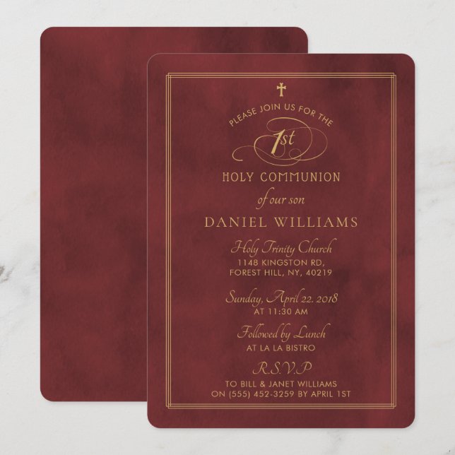 Elegant Deep Red & Gold Script 1st Holy Communion Invitation (Front/Back)