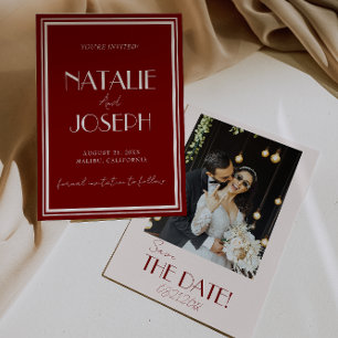 Elegant Deep Red Ivory Old Money Photo Wedding Save The Date