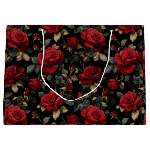 Elegant Deep Red Rose Black Floral Pattern Large Gift Bag
