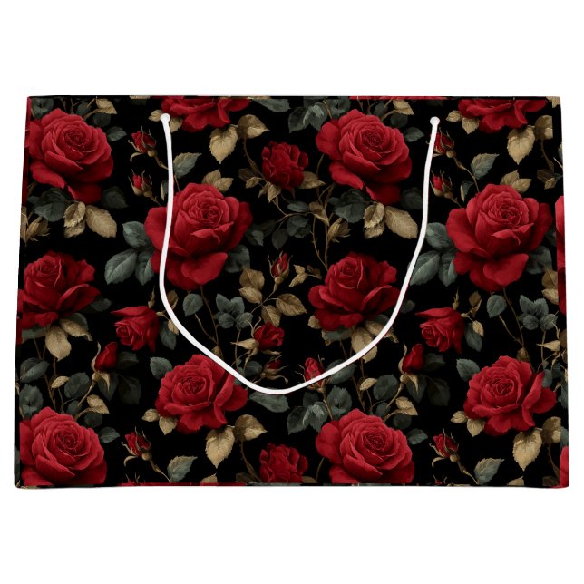 Elegant Deep Red Rose Black Floral Pattern Large Gift Bag (Front)