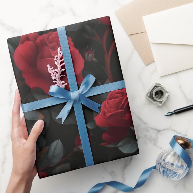 Elegant Deep Red Rose Black Floral Pattern Wrapping Paper (Gifting)