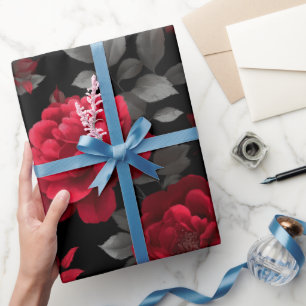 Elegant Deep Red Rose Black Floral Pattern Wrapping Paper