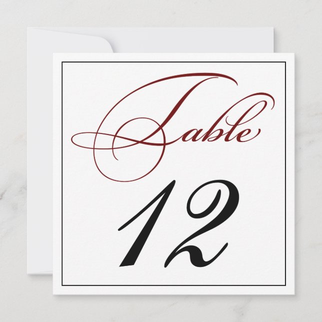 Elegant Deep Red Script Table Number Cards (Front)