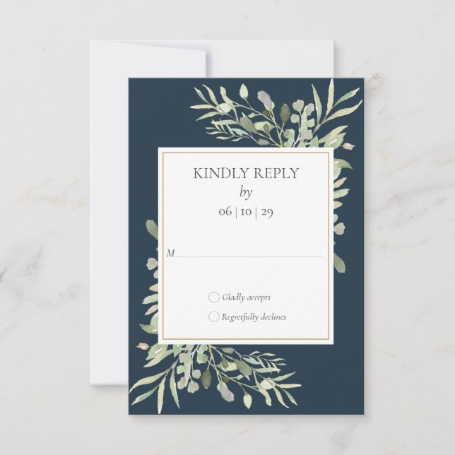 Elegant Deep Sea Blue Greenery Leaves Wedding RSVP Card (Front)