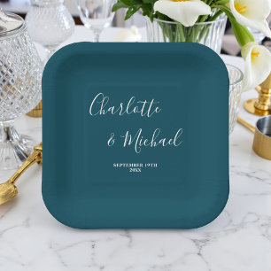 Elegant Deep Teal Script Minimalist Wedding Paper Plate