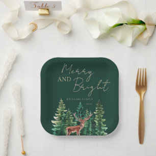 Elegant Deer Christmas Family Name Paper Plate