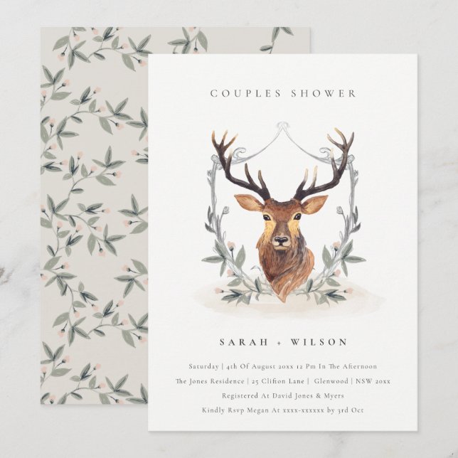 Elegant Deer Floral Crest Couples Shower Invite (Front/Back)