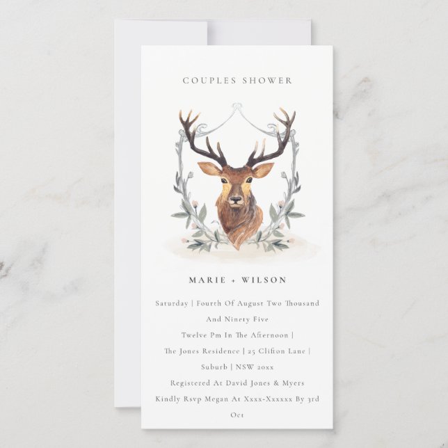Elegant Deer Floral Crest Couples Shower Invite (Front)