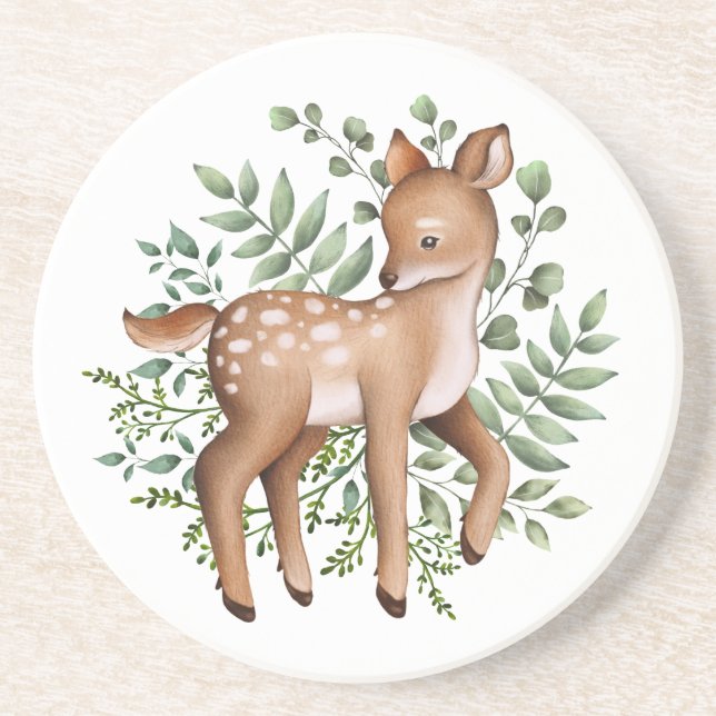 Elegant Deer Forest Woodland Greenery Leaves Coaster (Front)