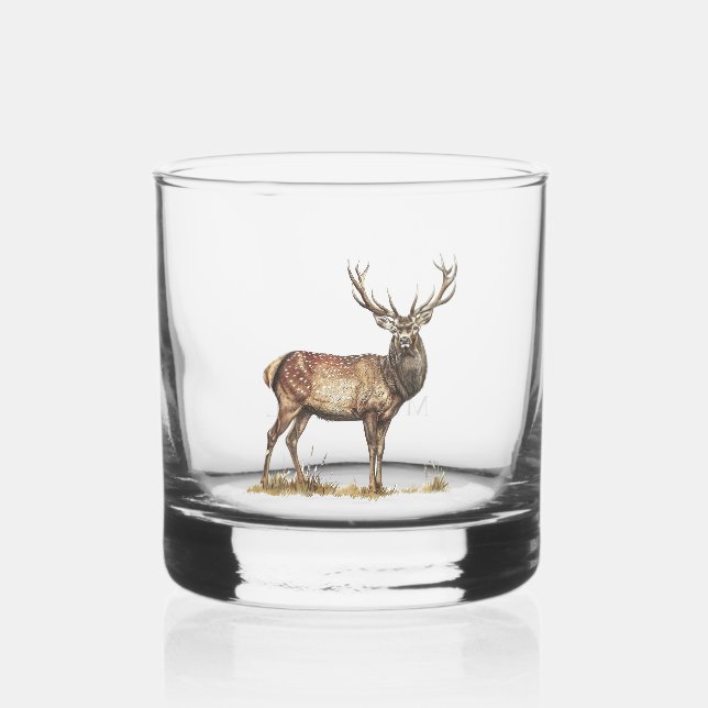 Elegant Deer Hunting Stag Custom Name Whiskey Glass (Front)
