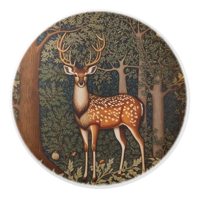 Elegant Deer In Oak Tree Forest Ceramic Knob (Front)