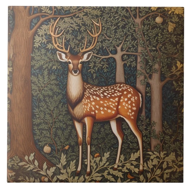 Elegant Deer In Oak Tree Forest Tile (Front)