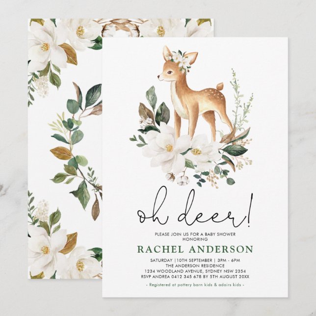Elegant Deer Ivory Floral Greenery Baby Shower Invitation (Front/Back)