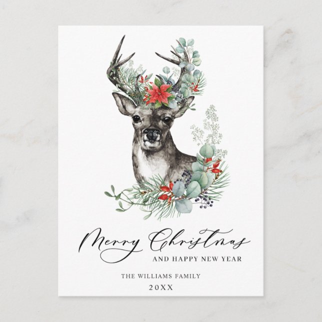 Elegant Deer Poinsettia Christmas Greeting Holiday Postcard (Front)