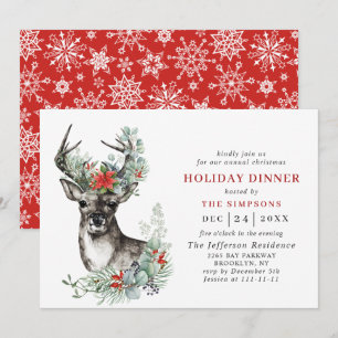 Elegant Deer Poinsettia CHRISTMAS HOLIDAY DINNER Invitation