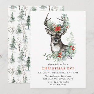 Elegant Deer Poinsettia Holiday CHRISTMAS EVE Invitation