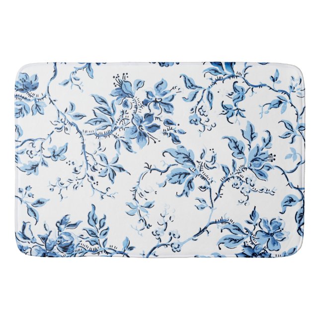 Elegant Delft Blue and White Floral Bath Mat (Front)