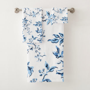 Elegant Delft Blue and White Floral Bath Towel Set