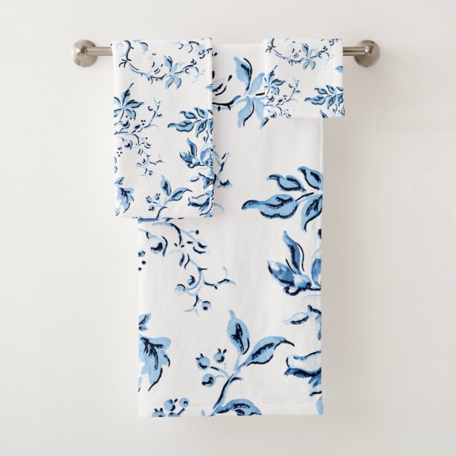 Elegant Delft Blue and White Floral Bath Towel Set (Insitu)